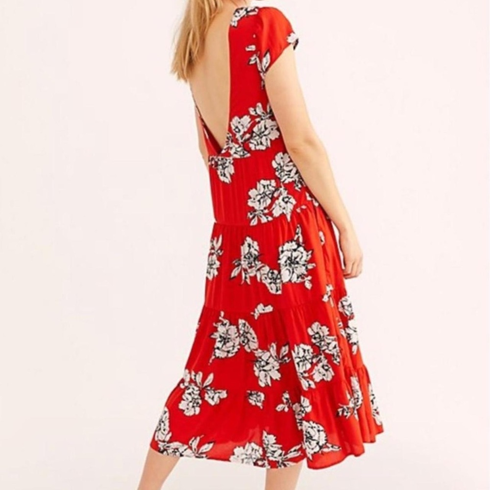 Free People Red Floral Tiered Midi Dress XS Boho Open Back Summer Festival - Picture 4 of 5